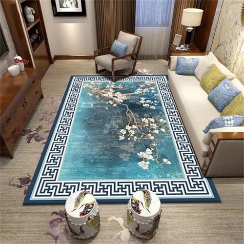 RUGMRZ Balkon Deko Couchtisch Groß Blauer Schlafzimmerteppich floral Design bequem Anti-Fouling Teppich Wohnzimmer 90X150CM