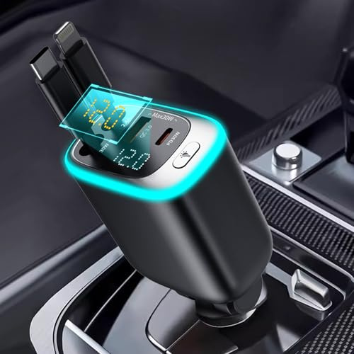 Retractable Car Charger Adapter USB C 4 in 1, 78W Car Cigarette Lighter Phone Charger with Retractable Cables,USB C Socket Compatible with iPhone, Android, Samsung Galaxy