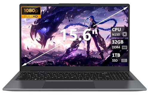 15.6 Laptop Computer with Intel N150 Quad-Core Processor Up to 3.6GHz, 32GB RAM 1TB NVMe SSD, 8000mAh Battery, Backlit Keyboard,Privacy Webcam, Fingerprint Unlock, Laptops for Business Office Student