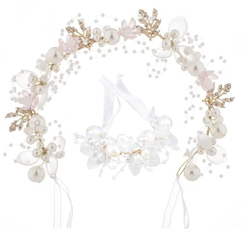 WUSJCOF Haarschmuck Kommunion Mädchen Hochzeit Blumenkranz Haare Stirnband Haarkranz Kopfschmuck Baby Kinder Damen mit Armband, Silber