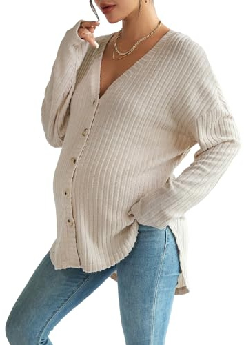 Giacca premaman da donna, con scollo a V, maniche lunghe, oversize, maglia a coste, maglione per gravidanza, morbido, confortevole, casual, abbottonatura frontale, top per allattamento e uso