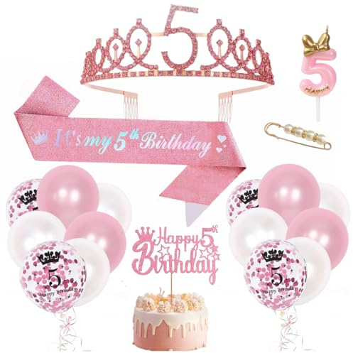 5. födelsedag flicka dekoration, 5. rosa födelsedagskrona och skärp, ballong 5 år, Happy Birthday tårtdekoration med ljus, kronprinsessans födelsedagskrona för födelsedagsdekoration flicka 5 år
