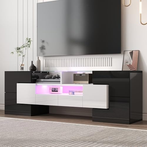 KOMHTOM Meuble TV Moderne avec 6 Portes et 2 Tiroirs, Meuble de Salon avec éclairage LED, pour Salon, Salle à Manger et Chambre à Coucher