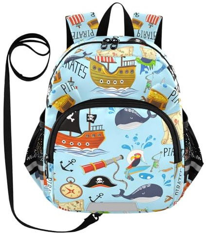 Pirate Ship Whale Toddler Harness Backpack for Boys Girls 3-6 Years Kids Backpack with Anti Lost Safety Leash Baby Protection Backpack for Walking Preschool Travel
