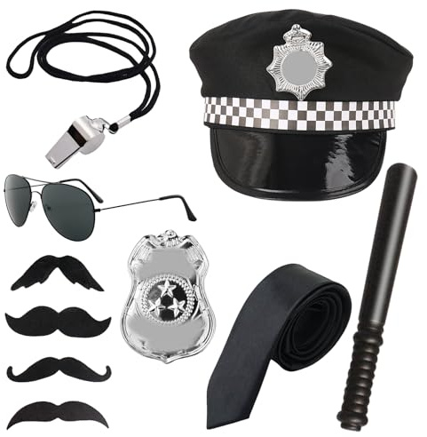JSTHHTT 7 Pezzi Polizia Costume Accessori Set, per Giochi di Ruolo, Costume Di Halloween, Cappello, Fischio, Distintivo, Occhiali Da Sole, Barba
