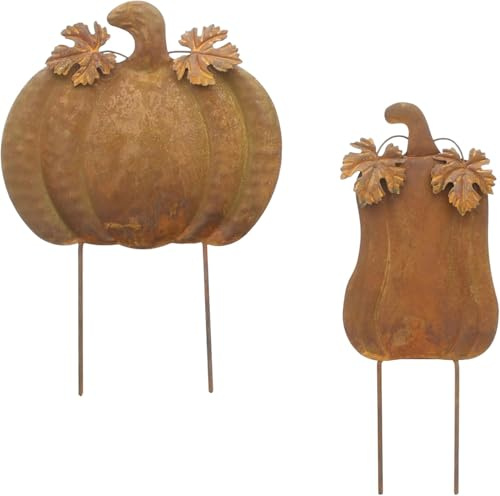 FRANK FLECHTWAREN Herbststecker Kürbis, 2er Set, Metall, Rostoptik Maße: 10 x 24 cm, 17 x 25 cm, Trendige Garten, Balkon deko, vielseitig einsetzbar