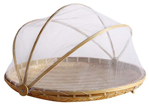 Handmade Woven Fruit Vegetable Basket With Net Round Dustproof Wicker Tray Food Bread Dishes With Gauze Cover Mesh Drying Food Storage Dustpan Laundry Basket Folding