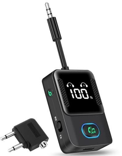 Bluetooth 5.3 Adaptateur Emetteur, 2 en 1 Adaptateur Bluetooth Jack Bass émetteur Bluetooth récepteur avec Affichage LED Prend en Charge 2 Écouteurs ou écouteurs avec aptX Basse Latence