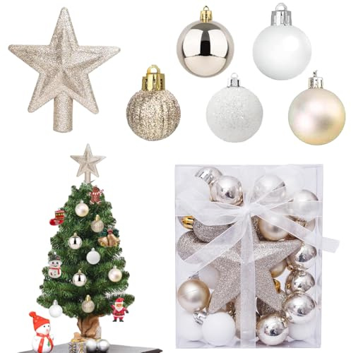30 Stück Mini Weihnachtskugeln mit Aufhänger 3cm Klein Weihnachtsdeko Kugeln Set mit Stern Glitzer Gold Weiß für Weihnachtstbaum Deko