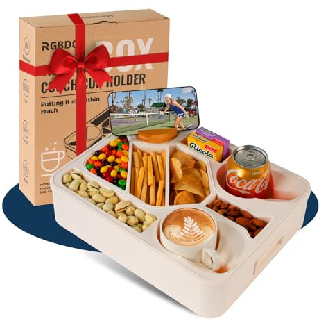 Couchbar Snackbox mit Sportliche Snackschale mit Fächern & Getränkehalter – Robustes Couch Tablett für Pickleball-Fans, Fußballabende & Outdoor – Geschenk für Männer zum Geburtstag (Beige)