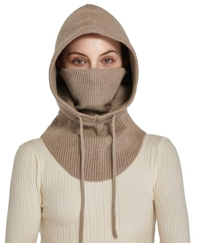Facecozy Sturmhaube aus Strick für Damen Herren Wintermütze mit Gesichtsmaske Atmungsabweisende Ski-Maske Halstuch Mütze Damen Winter (Camel)