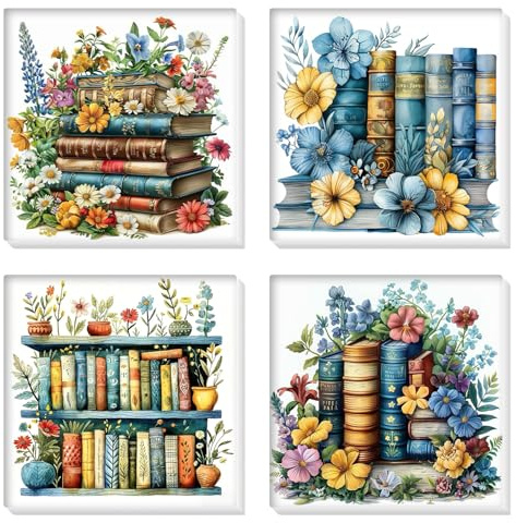 HEIBAGO 4 Pack Framed Paint by Numbers for Adults, Books Paint by Number on Canvas for Beginners, Adult Flowers Painting by Numbers Kits,Oil Paint by Numbers for Wall Decor 8x8 inch