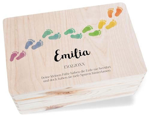 Holzkiste Erinnerungsbox - Trauer - Sternenkind Füße Spuren - Trauergeschenk Karte - 30x20x14 cm - Holz - trauerbox für trauerkarten box erinnerungskiste verstorben verstorbene schachtel