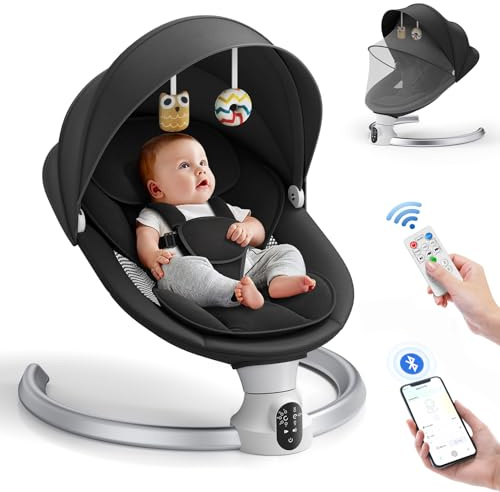 Helangel Babywippe, Babyschaukel Elektrisch mit Kabel und mit Bluetooth, Elektronisch Baby Schaukelsitz Babywippe und Liegestuhl für Kinder bis 9 kg, 3 Timer-Modi, Schwarz