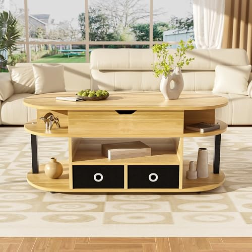 LFGUIZO Couchtisch Höhenverstellbarer, Kaffeetisch mit offener & versteckter Stauraum, Wohnzimmertisch mit 2 Schwarze Schubladen, Sofatisch aus Holz für Wohnzimmer, Balkon, Büro, 105 L x 50 B x 45 H