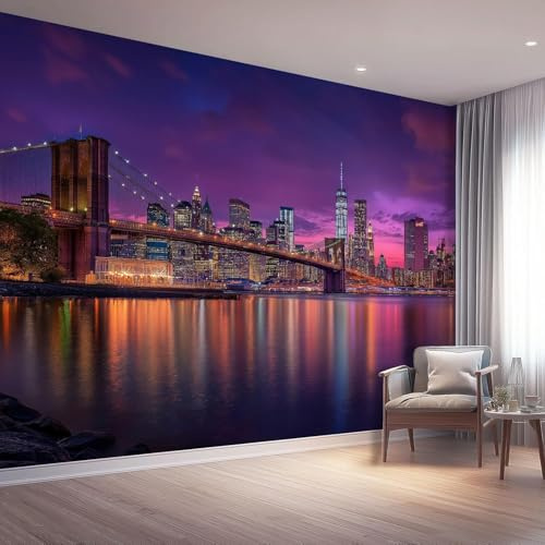 3D Fotomurales Ciudad de Nueva York 400x280 cm Decorativos Papel Pintado Panorámico Mural Vista Nocturna de Nueva York Tejido No Tejido Decoración de Pared Murales Moderna de Diseno w.3555