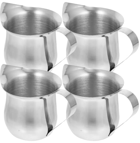 Lurrose Lot de 4 Pichets à Lait en Acier Inoxydable 90ml, Petites Tasses à Expresso Bec Verseur, Pichet à Mousse pour Café, Usage Barista et Préparation Latte, Facile à Nettoyer