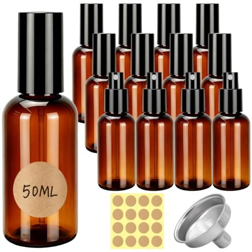 Dotilili 12 Flacon Spray Vide 50ml, Pulverisateur Fine Ambré Bouteille | Spray en Verre avec entonnoir et Étiquettes, Flacons de Voyage rechargeables pour Huiles Essentielles Aromathérapie Parfums