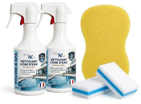 Kit Nettoyant Ligne d'eau Piscine 2 x 500 ML – 2 Éponges de Nettoyage Incluses – Élimine Graisses, Dépôts et Traces – Compatible Liner, Coque, Carrelage et PVC – Fabriqué en France – Tech N'Fast