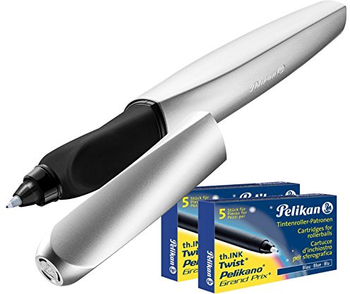 Pelikan 947457 Twist Tintenroller universell für Rechts- und Linkshänder, Silber + 10 Ersatzpatronen