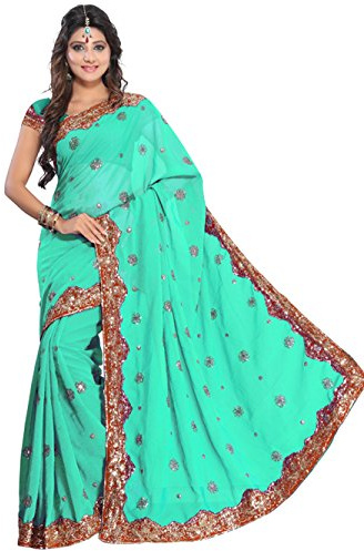 Indian Trendy Women's Bollywood Sequin Embroidered Sari Festival Saree Unstitched Blouse Piece Costume Boho Party Wear (Turquoise)
