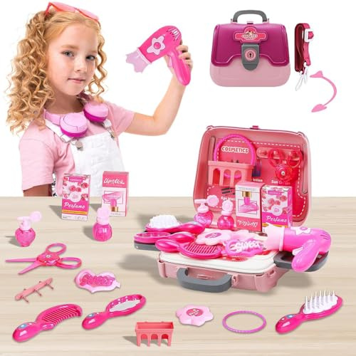 Kids Pretend Play Makeup & Hair Styling Set – 24 PCS Beauty Kit with Carrying Case | Toy Hair Dryer, Brushes, Combs, Perfume Bottles – Portable Handbag & Shoulder Bag for Girls Ages 3+
