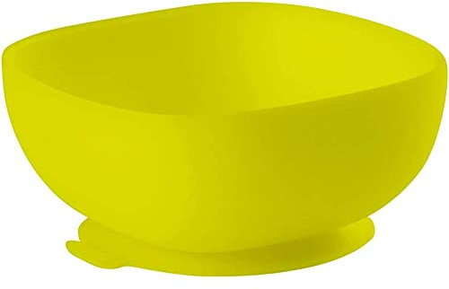 BÉABA, Bol Ventouse pour Enfant, 100% silicone, matière douce et très resistante, Adhère table/tablette chaise haute, Languette permettant de soulever l’assiette, Compatible micro-onde, Jaune