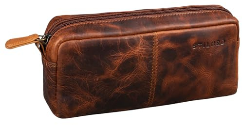 STILORD Spencer Leder Federmappe Vintage mit Reißverschluss Kosmetiktasche Organizer Stiftemappe Schlamperrolle Schlampermäppchen Etui Echtes Leder Farbe:mittel - braun
