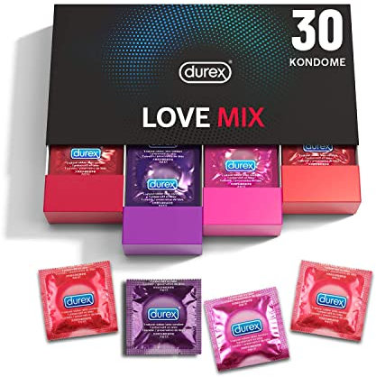 Durex Love Mix Kondome-Mischung – Perfekter Sitz & Angenehmer Geruch – Mit 4 verschiedenen Kondom-Sorten, stilvolle Aufbewahrungsbox – 30er Pack (1 x 30 Stück)