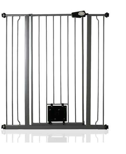 Bettacare Haustiergitter mit Verriegelbarer Katzenklappe, 94.3cm - 101.9cm, Schiefergrau, 104cm in der Höhe, Extra Hohes Haustier Sicherheitsgitter mit Katzenklappe, Einfache Installation