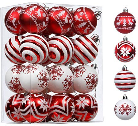 Valery Madelyn Christmas Ornaments Tree Decorations, 24ct Red and White Shatterproof Christmas Ball Ornaments Set, 2.36 Inch Decorative Hanging Ornament Bulk for Xmas Holiday Party Decor