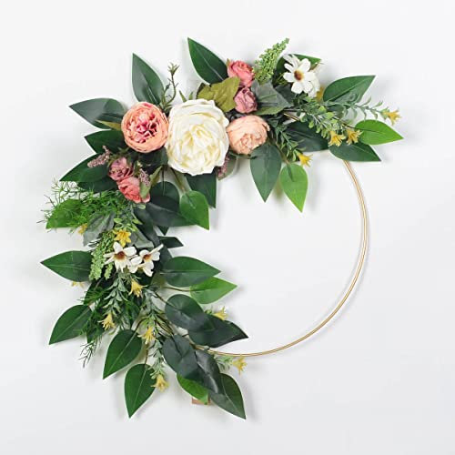 FLCSIed Artificial Peony Wreath Handmade Flower Wreath with Eucalyptus Leaves Summer Spring Grapevine Wreaths Decoration for Door Farmhouse Party Wedding Home Wall Hanging Decor (Circle)