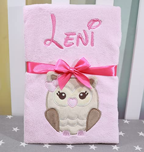Babydecke mit Namen und Datum bestickt Baby Geschenke Geburt (Rosa - Eule)