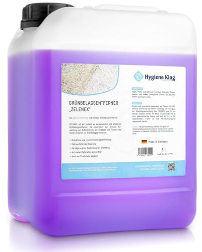 Hygiene King | Grünbelagentferner | Stein- & Fassadenreiniger | 5 L | Für Steine, Dächer, Fassaden, Terrassen, Grabsteine & Wege | gegen Algen & Moos | Made in Germany