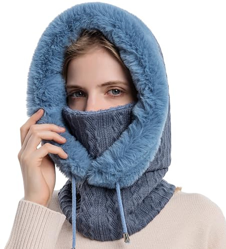 WANYIG 2 i 1 vintermössa stickad mössa varm mössa cirkel halsduk set balaclava vinter stickad mössa med fleecefoder för kvinnor vindtät mössa köldskydd skidmössa 56–60 cm, blå, 56/60 cm