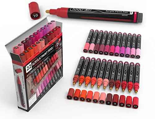 TOOLI-ART 22 Stück Acrylfarben-Markerstifte Pro Color Series 3 mm mittlere Spitze für Steinmalerei Holz Kunststoff Metall Glas Leinwand DIY. Ungiftig schnell trocknend (RED)