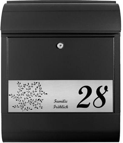 banjado Briefkasten personalisiert mit graviertem Namensschild in Edelstahl - Wandbriefkasten Schwarz - Postkasten mit Hausnummer, Namen & Motiv Dezente Ranke - Briefkasten mit Zeitungsfach