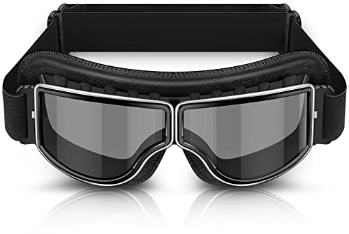 BELINOUS Motorcycle Goggles for Scooter ATV Off-Road, Vintage Leather Pilot Style Goggle (Gray Lens, Black Frame)