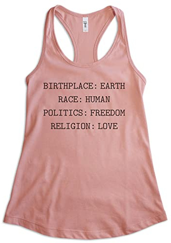 EVERTREE CLOTHING Birthplace Earth Race Human Politics Freedom Religion Love Tank Top, Ladies Racerback Tank, Human Rights, Desert Pink, Large