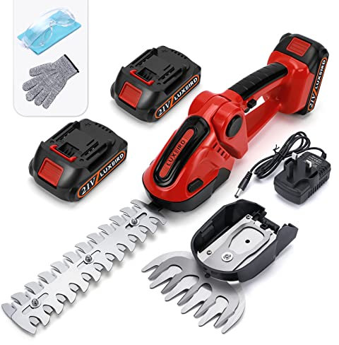 LUXBIRD 21V Hedge Trimmer Grass Shear, 2-in-1 Cordless Electric Shrub Shears, Handheld Grass Trimmer One-Handed Operation IP67 Waterproof, with 2 Interchangeable Blades & 2Pcs Rechargeable Batteries