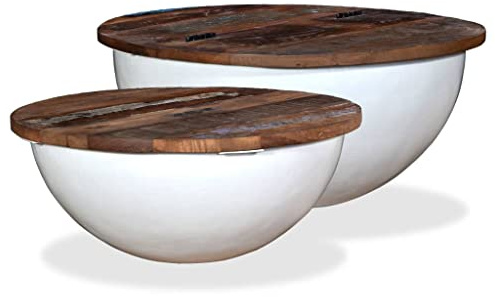 WIFESE Lot de 2 tables basses en bois recyclé blanc massif en forme de bol Table d'appoint Table basse ronde Table d'appoint en bois Table basse ronde Table basse en bois Table basse Table basse Table