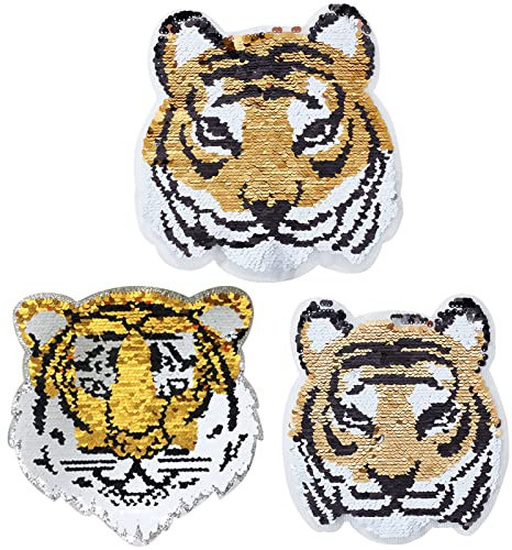 INFUNLY 4 Stück Tiger-Pailletten-Aufnäher, Wendbar, Gestickte Perlenapplikationen, DIY-Applikationen Zum Aufnähen Für Kleidung, T-Shirt, Jeans, Jacke, Sweatshirt, Kissen, Handtasche