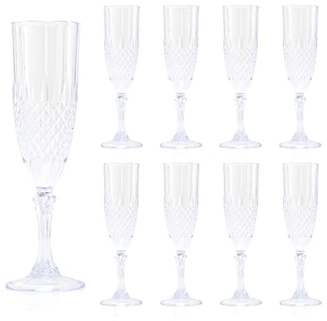 Carousel Home Pack of 8 Embossed Plastic Champagne Flute | Cut Crystal Effect Reusable Plastic Champagne Flute Glass | Reusable Drinkware Outdoor Champagne Glass
