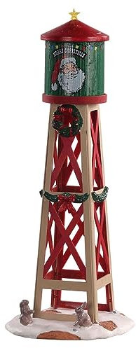 Magie di Natale Roter und grüner Turm mit Girlanden Dekoration für Weihnachtsdorf Rustikaler Wasserturm