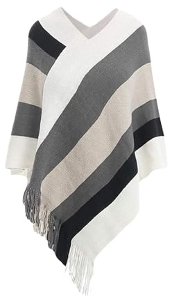 Rayson Poncho dam vinter elegant cape med fransar V-hals randig stickad varm cape poncho dam mysig kappa lång med huva, Vit, One Size