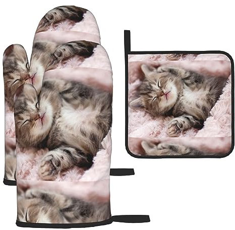 Lot de 3 maniques et maniques pour chat endormi - Résistant à la chaleur - Pour cuisine, pâtisserie, barbecue