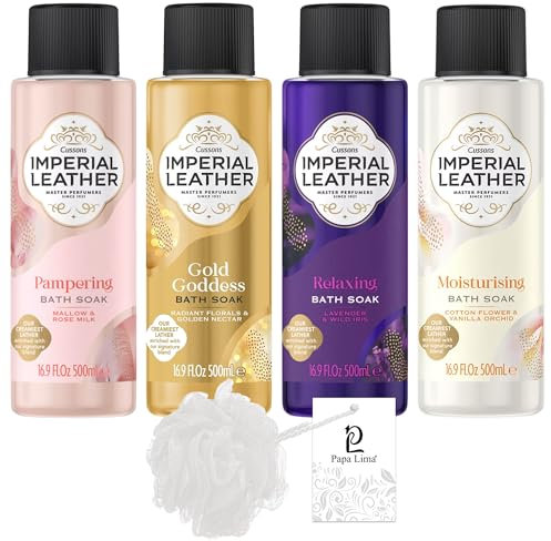 Papa Lima Bath Soak Bundle - 4 x 500ml | Imperial Leather Bergamot and Sea Salt, Cotton Flower and Vanilla Orchid, Mallow and Rose Milk, Lavender and Iris with Body Puff