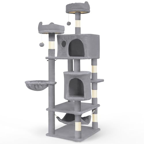 VOUNOT® Arbre à Chat Grand avec Griffoir Arbre à Grimper pour Chat Centre d’Activités avec 2 Niches et 3 Plateformes pour Félins Accessoires Inclus Hauteur 168cm Gris