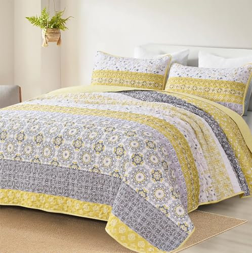 WONGS BEDDING Boho Quilt Set Gelb Gestreift Patchwork Tagesdecke YS01AC080470K13U-A