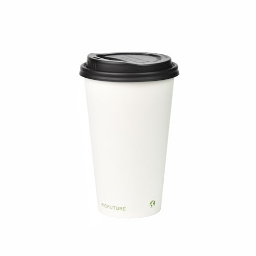 BIOFUTURE Tazze da caffè biodegradabili, bianche, 50 pezzi, usa e getta, 473 ml, in carta con coperchio, ecologiche e 100% compostabili, ideali per tè, caffè e bevande calde (50 pezzi, bianco, 473 ml)